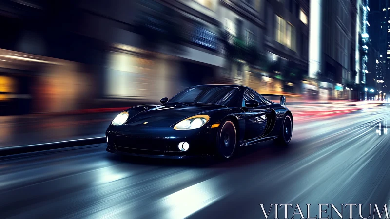 Midnight supercar racing through neon-lit city streets.