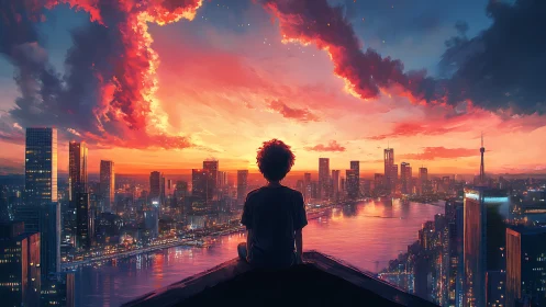 Silhouetted figure observes illuminated river city skyline at dusk