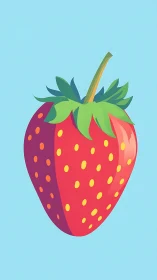 Minimalist illustration of single strawberry on blue field.