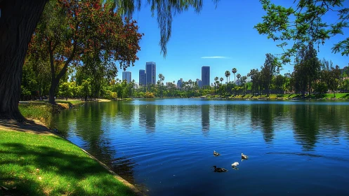 Photorealistic urban lake vista with reflective skyline symmetry.