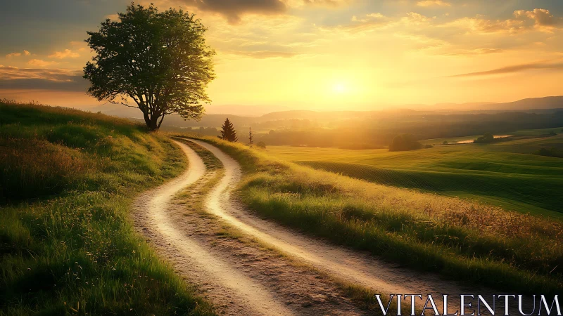 Sunlit country path curling through glowing golden fields.