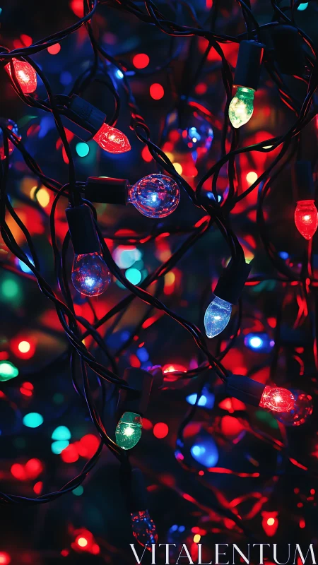 Tangled multicolor LED string lights create dense bokeh field
