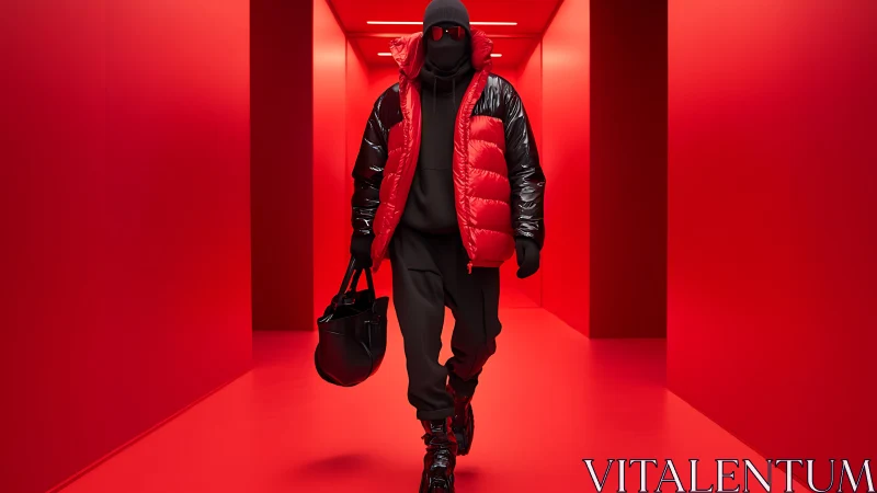 Monochrome red corridor with masked streetwear figure walking.