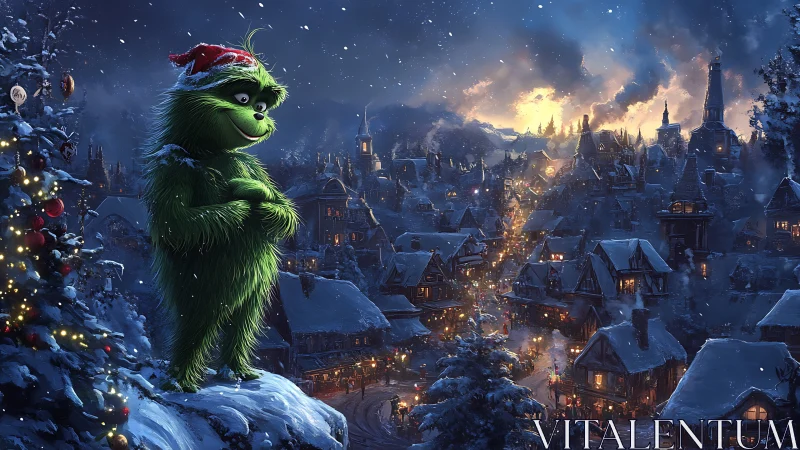 Grinch overlooks a glowing Christmas village at snowy dusk
