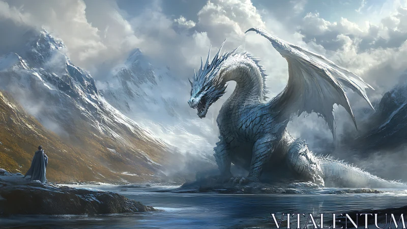 White dragon towers over lone figure in icy mountain valley.