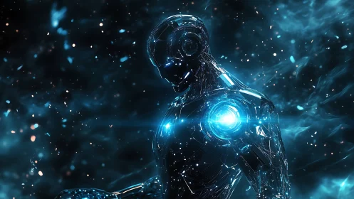 High-reflective cybernetic humanoid with luminous core in nebular void