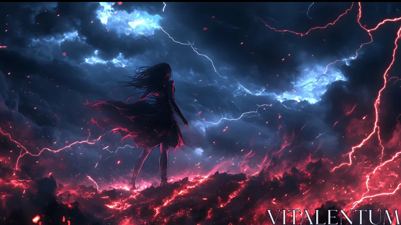 Silhouette of lone figure stands over lava under storm sky