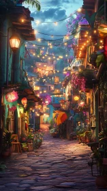 Lantern-lit hillside alley glows with flowers and color.