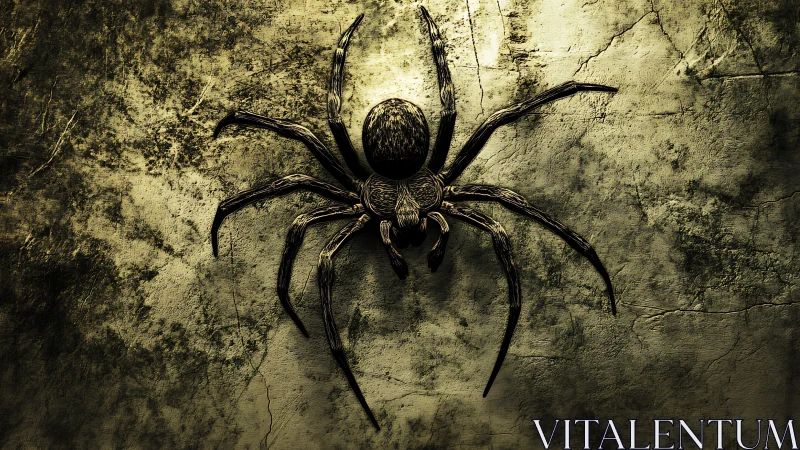 Textured wall-mounted spider render with dramatic lighting.