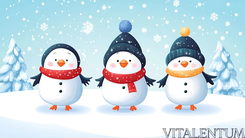 Trio of stylized snow penguins in calibrated winter symmetry.