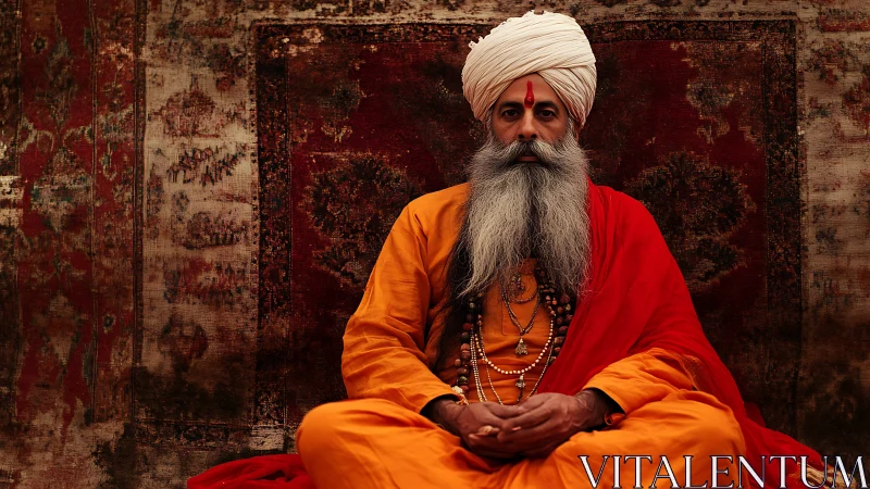 Portrait of robed elder guru against ornate red tapestry.