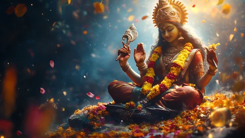 Divine goddess sculpture glows amid petals and sacred light.