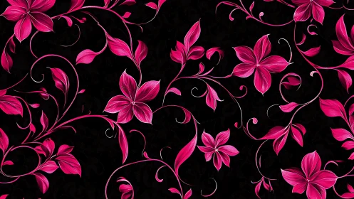 Vibrant Magenta Floral Pattern on Black Background