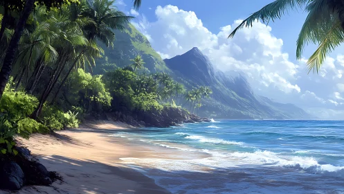 Tropical Beach Cove with Volcanic Mountain and Palm Palms.