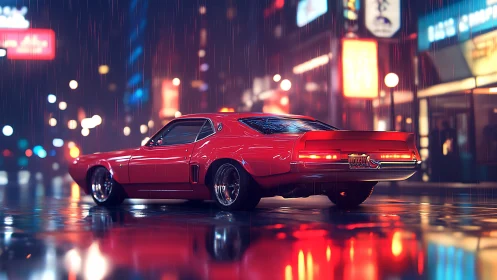 Crimson muscle car prowls neon city streets in the rain.