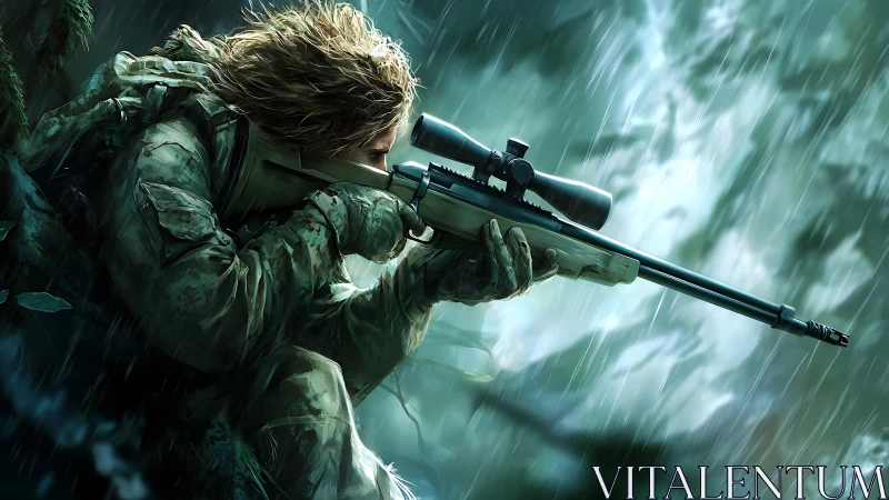 Soldier aims rifle in heavy rain combat scene.