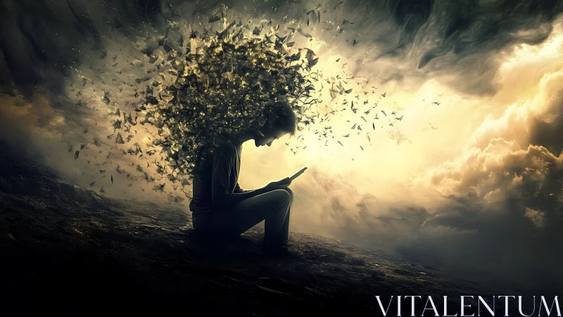 Silhouetted reader dissolves into luminous flocked fragments