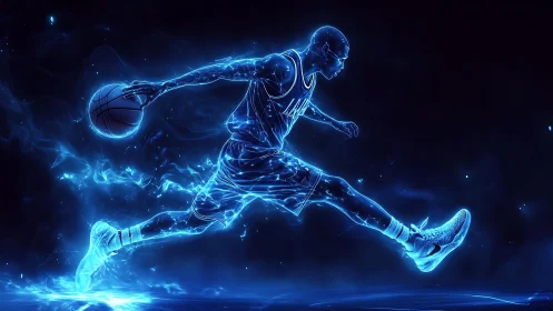Neon wireframe basketball dunk in dynamic cyberpunk silhouette.