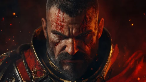 Battle-scarred warrior glares through embers and rising smoke