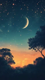 Crescent moon over glowing forest at vivid twilight sky.