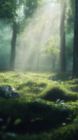 Misty Forest Clearing with Crepuscular Rays Through Ancient Trees.