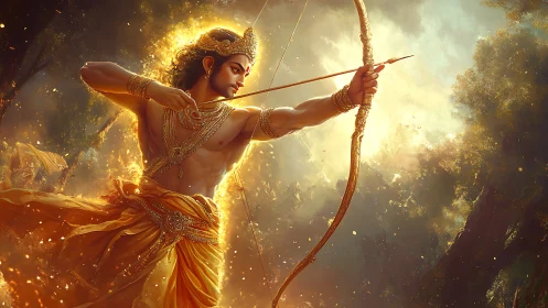 Divine archer poised in golden mythic forest light.