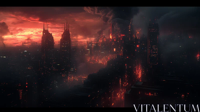 Volcanic red skyline over thermally stressed cyber megacity.