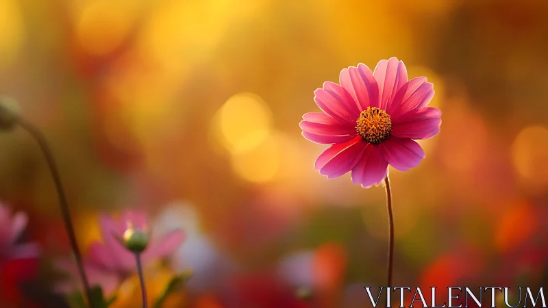 Pink Gerbera Daisy in Golden Bokeh Light.