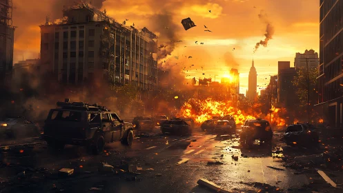 Fiery city street captures a tense escape at blazing sunset
