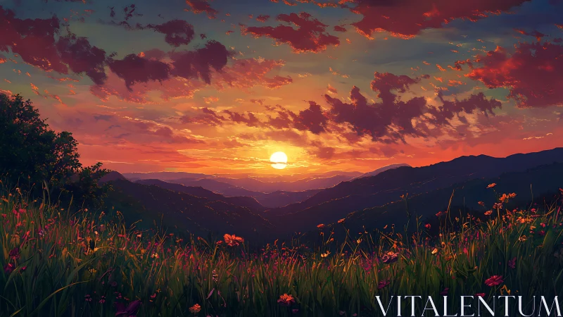 Radiant mountain sunset beyond a wildflower hillside meadow.