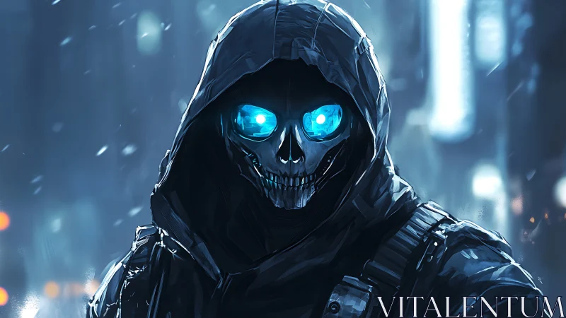 Cyber skull reaper in neon winter cityscape at night.