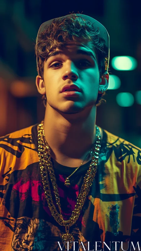 Neon city swagger crowns a gold-draped street dreamer.