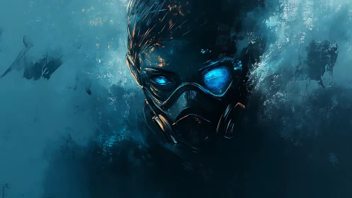 Masked cyber figure glows within cold blue misted void.