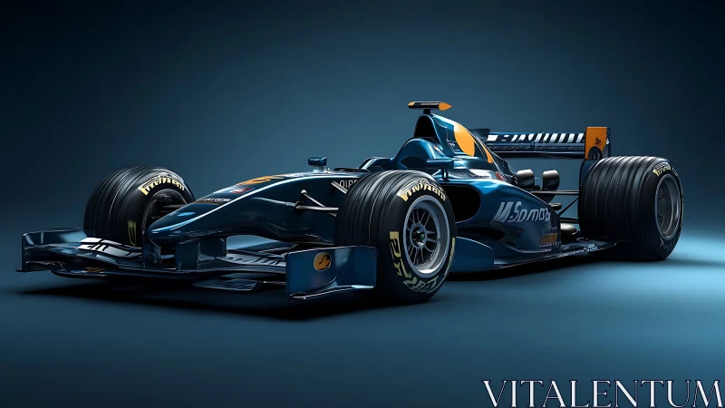 Midnight blue Formula race car in dramatic studio lighting.