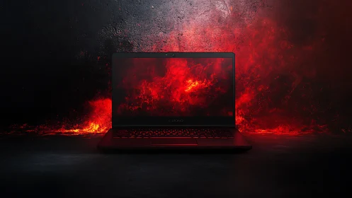 Gaming laptop glows against dark inferno backdrop. Period.