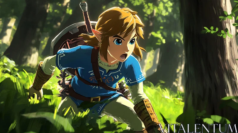 Brave forest adventurer dashes through sunlit green paths