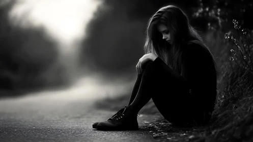 Monochrome roadside portrait isolates seated girl in soft bokeh