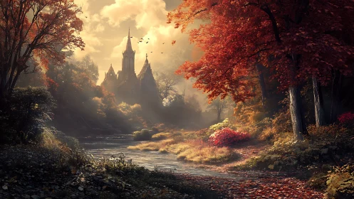 Medieval Castle Silhouette Framed by Golden Autumn Foliage and River