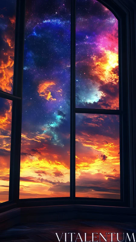Window view of vivid sunset sky blending into star field.