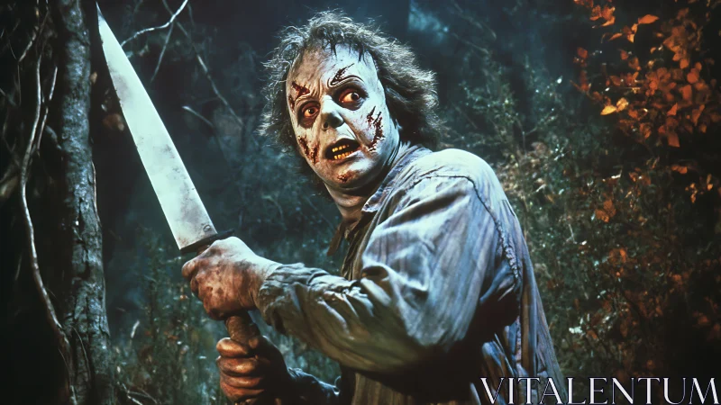 Knife-wielding masked figure stands menacingly in dark forest