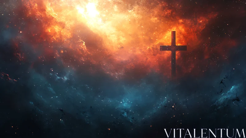 Cross silhouette glows against fiery cosmic nebula sky