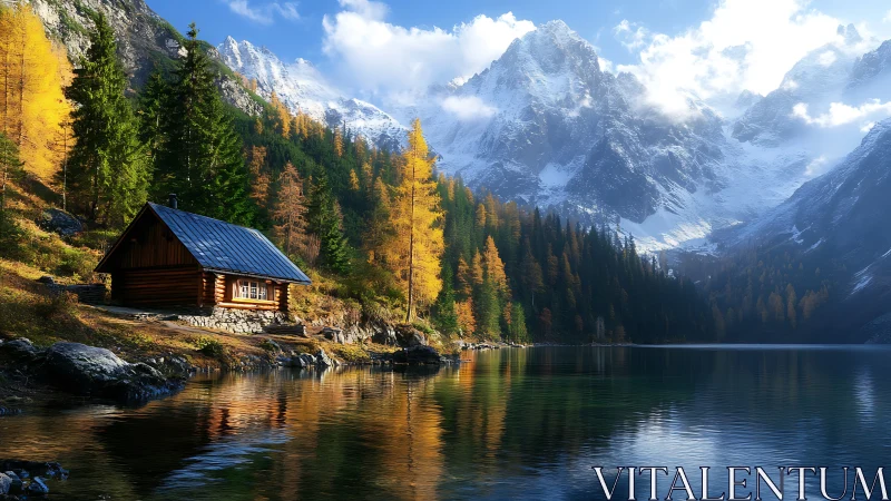 Lakeside log cabin rests in vivid autumn mountainscape