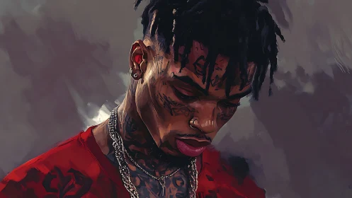 Tattooed man in red shirt gazes downward in moody light