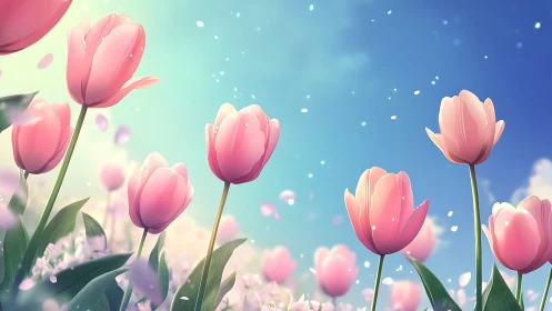 Pink Tulips in Gradient Sky with Particle Effects.