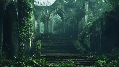 Vine crowned stone stairway into a mist veiled forest ruin.