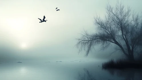 Foggy lake sunrise with silhouetted birds in flight.