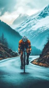 Cyclist carving quiet mountain roads beneath icy peaks.