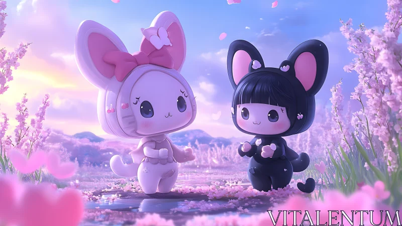 Blossom-eared chibi friends stroll through pastel spring dream.
