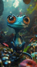 Bioluminescent blue alien tree frog in shallow depth-of-field forest