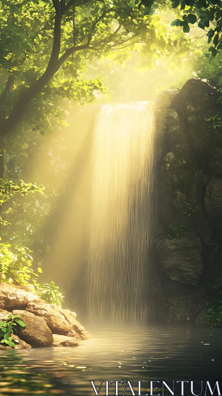 Sunlit forest waterfall drifting through liquid gold hush.